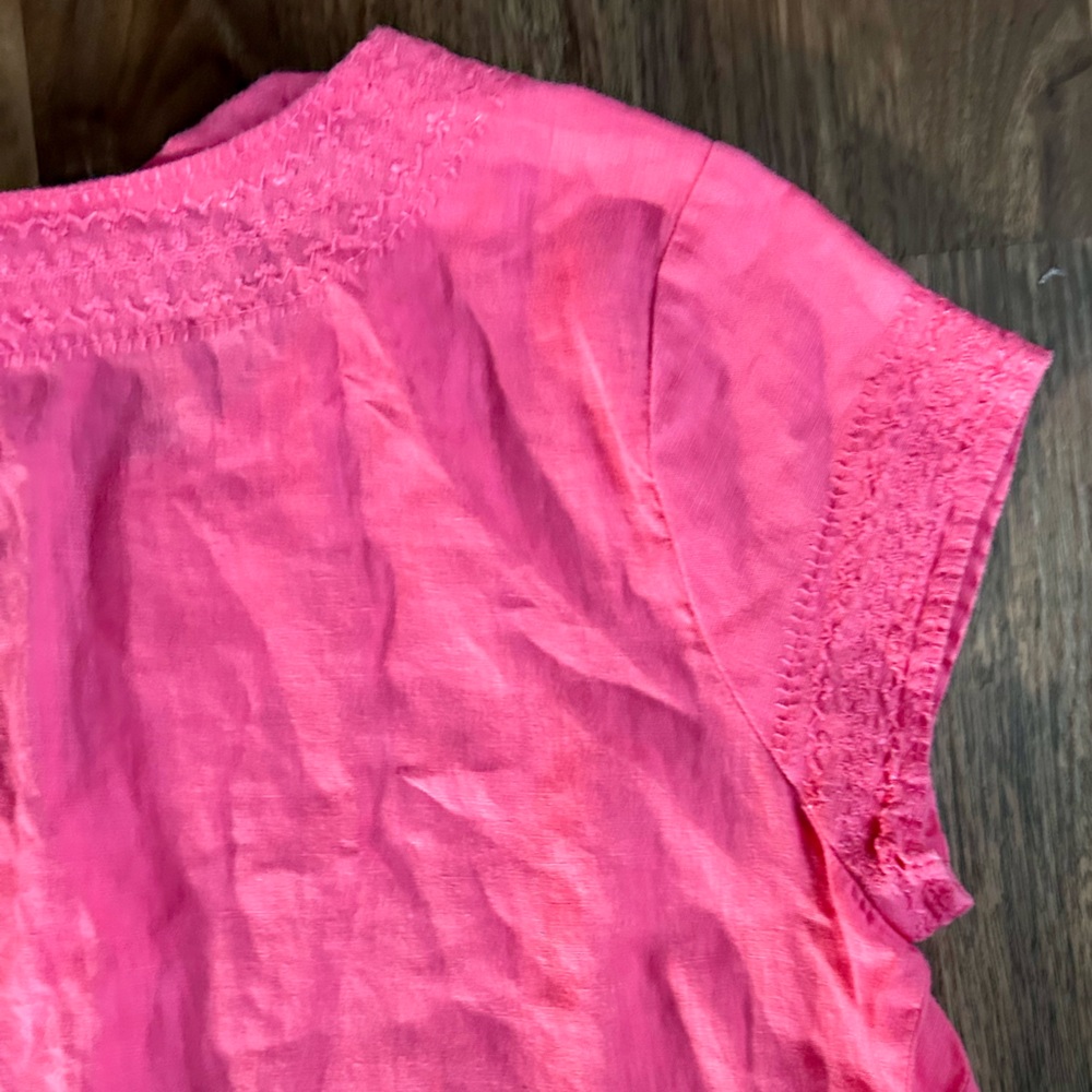 SAINT TROPEZ 100% Linen Embroidered Notch Neck Short Sleeve Top Casual Pink Sz M - Picture 11 of 16